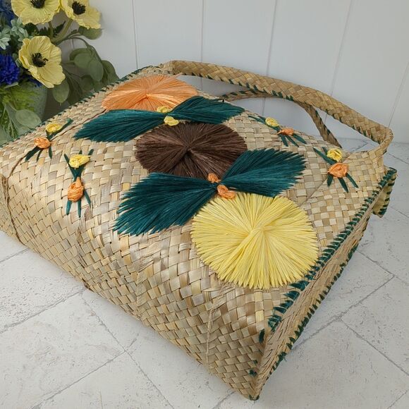 Vintage Large Woven Straw Raffia Bag Tote 1960s MCM Beach Floral - Picture 4 of 16